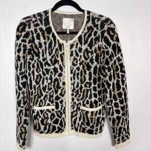 Joie Medium M Cream Black Leopard Print Wool Mohair Full Zip Sweater Animal Crew